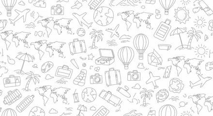 A whimsical doodle pattern featuring travel-related icons like airplanes, suitcases, hot air balloons, and world maps, set against a clean white background.