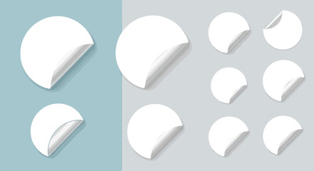 A collection of blank white circular stickers with a peeled corner, presented on a split background of light blue and white.