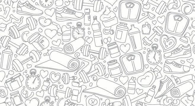 Hand-drawn black and white doodle pattern of various fitness, sport, and gym equipment.