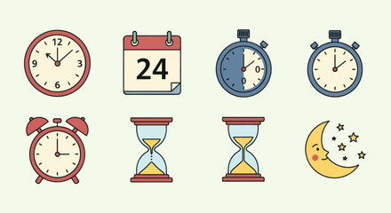 A collection of eight flat design icons representing different aspects of time, including clocks, a calendar, hourglasses, a stopwatch, and a crescent moon with stars.