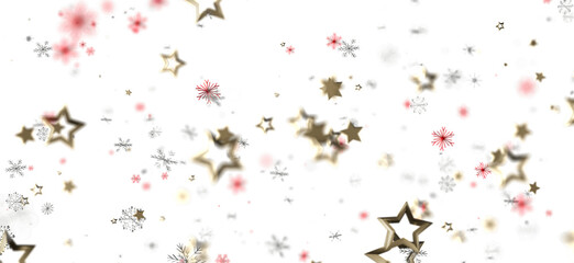 Abstract Christmas and New Year background with falling stars, snowflakes and glitter. Festive holiday season decoration.