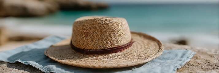 Straw hat is sitting on a blue towel on a beach