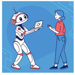  An abstract humanoid robot holds a cute digital hologram of futuristic bot on a palm. Artificial Intelligence innovation vector illustration. Blue technology background.  