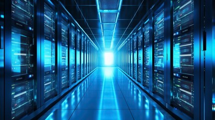 Fototapeta premium Modern data center with glowing blue lights and server racks