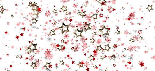 Festive winter background with red and gold stars and snowflakes. Perfect for Christmas, New Year, holidays.
