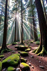Ancient pine forest, moss-covered rocks, dappled sunlight filtering through the canopy, serene wilderness landscape, stock photo, wild