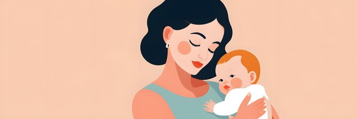 Tender moment of mother holding her baby in minimalist flat illustration style