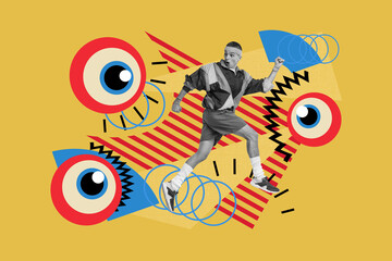 Full art image poster 3d collage of shocked guy run eyeball scared esoteric third all-seeing trap...