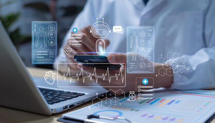 Futuristic AI assistant for digital health and telemedicine, enhancing online medical consultation, remote patient care, and healthcare analytics with artificial intelligence.