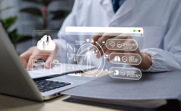 Healthcare doctor using digital cloud platform for electronic medical records, focusing on secure patient data management, privacy, and hospital information systems