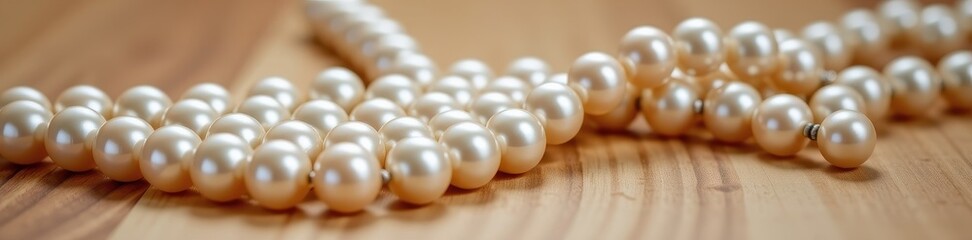 Elegant pearl arrangement on smooth wood, lustrous spheres reflecting light, soft focus, luxurious texture, background, light