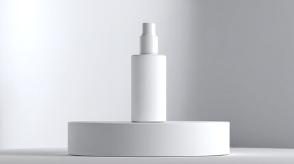 Minimal product hero: matte white bottle with blank label centered on smooth white pedestal, strong softbox top lighting