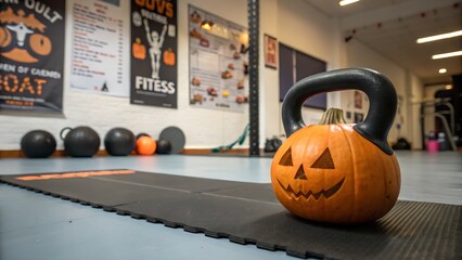 Halloween pumpkin kettlebell on yoga mat gym background for Halloween. fitness. gym. workout . copy