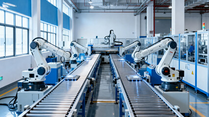 Robotic arms on factory assembly line