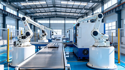 Robotic arms in factory assembly line