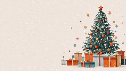 Christmas celebration with a decorated tree and gifts, ample copy space, and festive icons