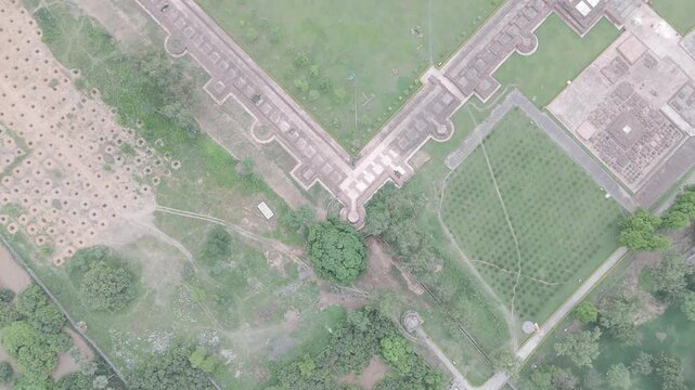Aerial drone view of Vikramshila University ruins in Bihar, India. Ancient Buddhist learning center showcasing symmetrical monastery layout, historic architecture, and archaeological heritage from abo