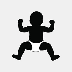 Creative design vector art of silhouette of a baby sitting with arms raised, isolated on a light gray background