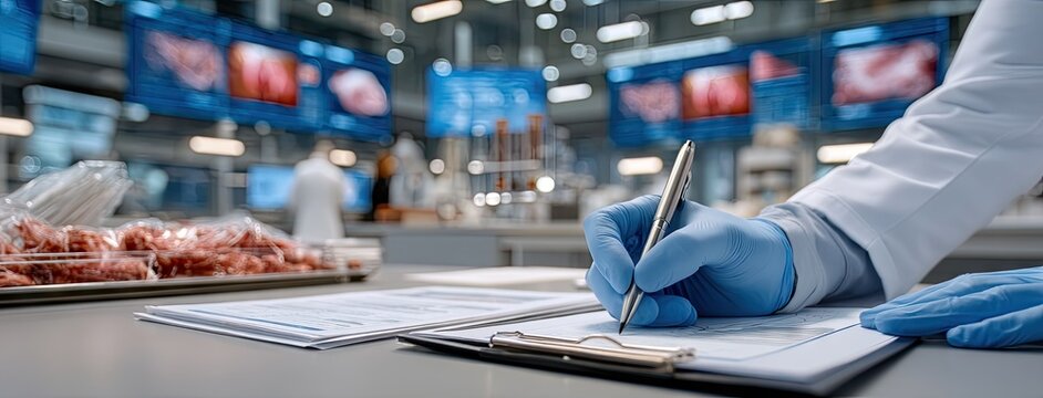 Scientist in laboratory conducting research and documenting findings in a modern facility with digital displays at work during day time