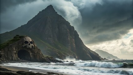 Mountain peak with a skull shaped cave entrance. Near the ocean with crashing waves stormy weather.