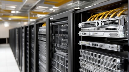 Data center with multiple server racks housing advanced technology for data processing and storage in a modern facility