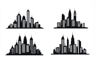 Four black city skyline silhouettes with varied skyscraper designs building