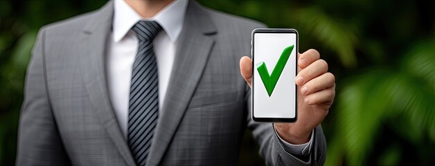 Business professional in suit showing smartphone with checkmark symbol, symbolizing success and approval during outdoor meeting in day time