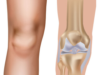 Detailed medical illustration of the human knee joint showing bones, ligaments, cartilage, and tendons. External view of the knee and an internal anatomical structure