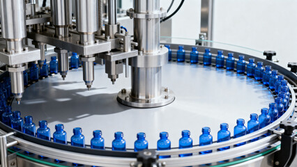 Blue bottles on industrial filling machine