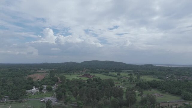 Aerial drone view of Vikramshila University ruins in Bihar, India. Ancient Buddhist learning center showcasing symmetrical monastery layout, historic architecture, and archaeological heritage from abo