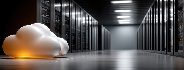 Cloud storage concept surrounded by server infrastructure showcasing modern technology in a data center environment