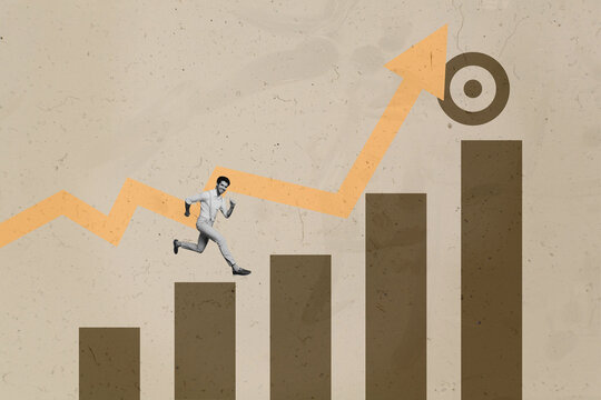Collage with person observing rising arrow symbolizing startup growth business income statistics trading decrease increase