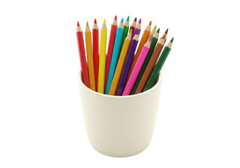 Isolated colorful pencils in a round pencil holder for creative illustration and drawing