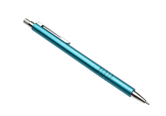 Isolated Turquoise metallic pen with a clip, lying diagonally on surface and casting shadows