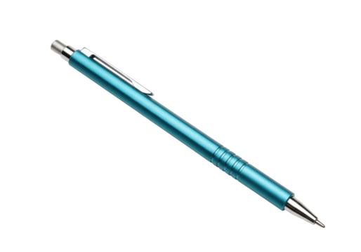 Isolated Turquoise metallic pen with a clip, lying diagonally on surface and casting shadows