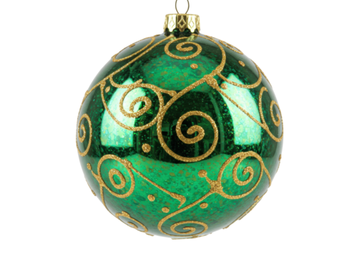 Isolated Emerald Green Christmas Bauble With Golden Glitter Swirls Festive Ornamentation