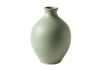 Isolated handmade celadon ceramic vase with a rounded belly and short narrow neck