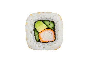 Isolated sushi roll with avocado, cucumber, and imitation crab stick for Asian cuisine