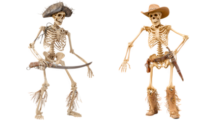 Pirate skeleton with sword duels cowboy skeleton with gun, Halloween showdown, spooky fun, costume party, skeleton crew, western theme, skeleton pirates