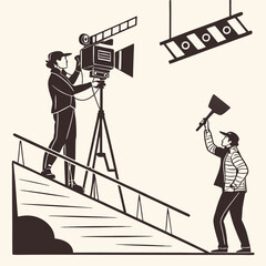 Film crew operating camera and lighting