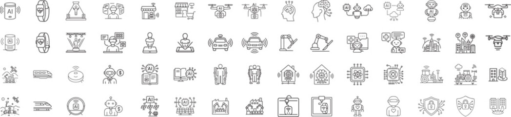 Future Technology Thin Line Icons AI, Robot, Smart City, Automation, Hologram, Digital Innovation Vector Set.