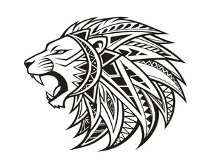 Roaring Lion Head Vector Illustration with Tribal Tattoo Design and Decorative Elements Isolated on White Background