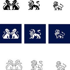 Majestic lion vector icons in silhouette and outline styles, perfect for adventure branding, tribal artwork, and corporate logos.