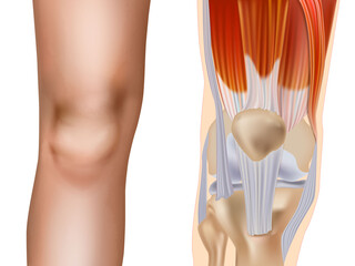 Human Knee Joint Anatomy with Muscles and Tendons Illustration. Medical Diagram of Knee Bones, Ligaments and Muscle Structure