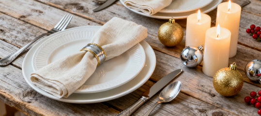 Elegant dinner table set for a festive celebration with candles and Christmas decorations in warm lighting