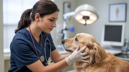 Veterinarian Examining Golden Retriever in Clinic Compassionate Care Professional Pet Health Checkup with Experienced Female Vet