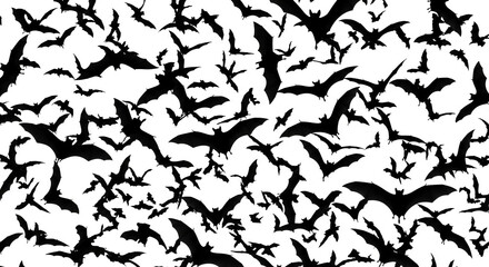 Black bat silhouettes on white background, creating a spooky, Halloween-themed pattern, ideal for various designs and decoration