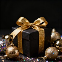 Black gift box with golden ribbon and ornaments set up for a festive celebration. Copy space