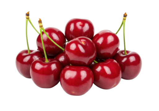 Isolated glossy cherries in a pile, a ripe and delicious raw fruit, sweet and juicy treat