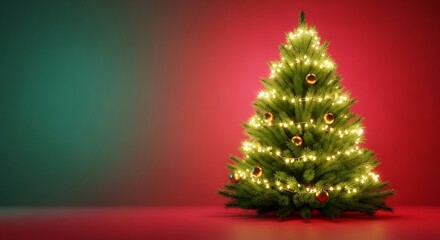 A festive Christmas tree with glowing lights on a red and green background. A classic and cheerful design for holiday celebrations and seasonal greetings. Generative Ai.